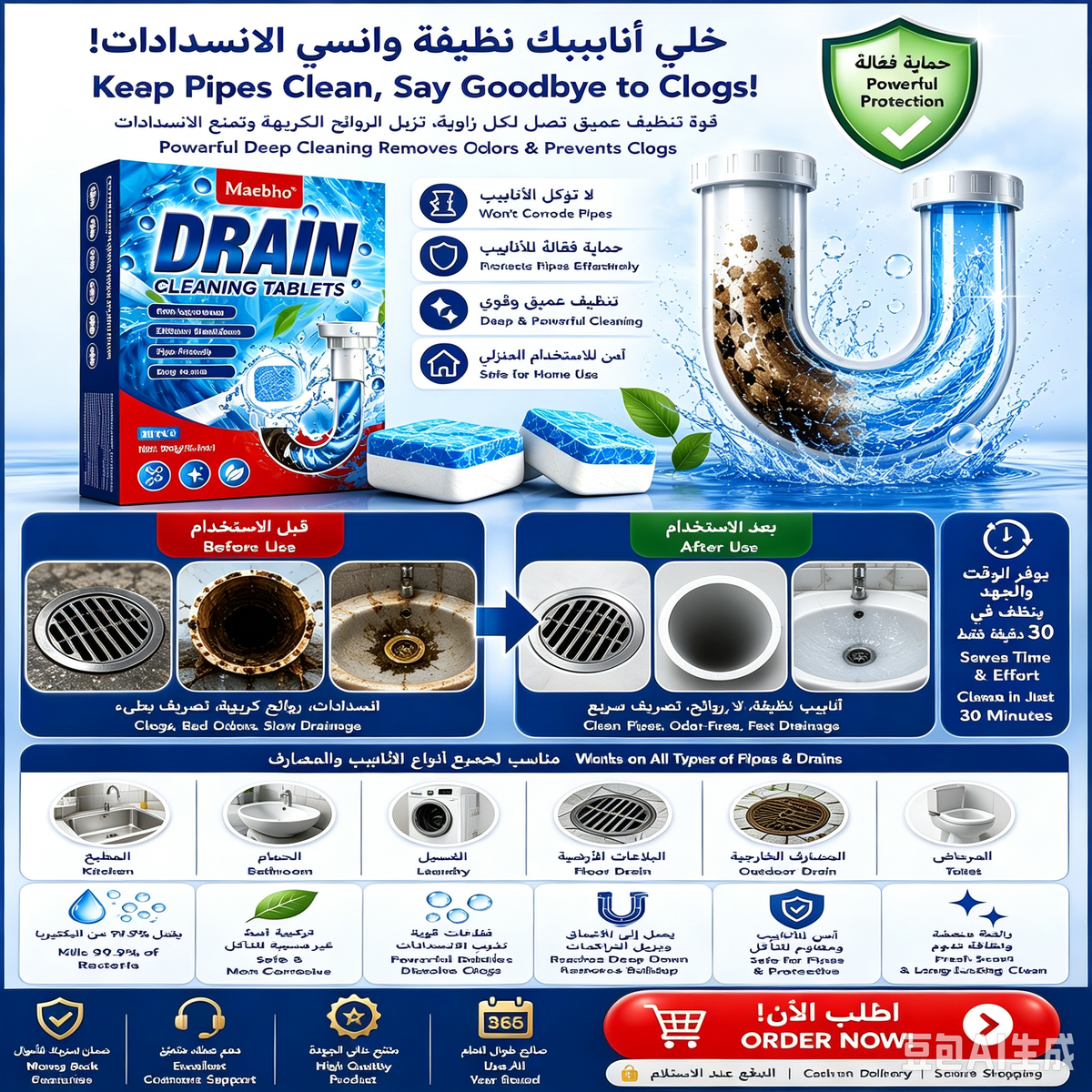 Powerful Drain Cleaning Tablets – Remove Clogs, Grease & Bad Odors Easily