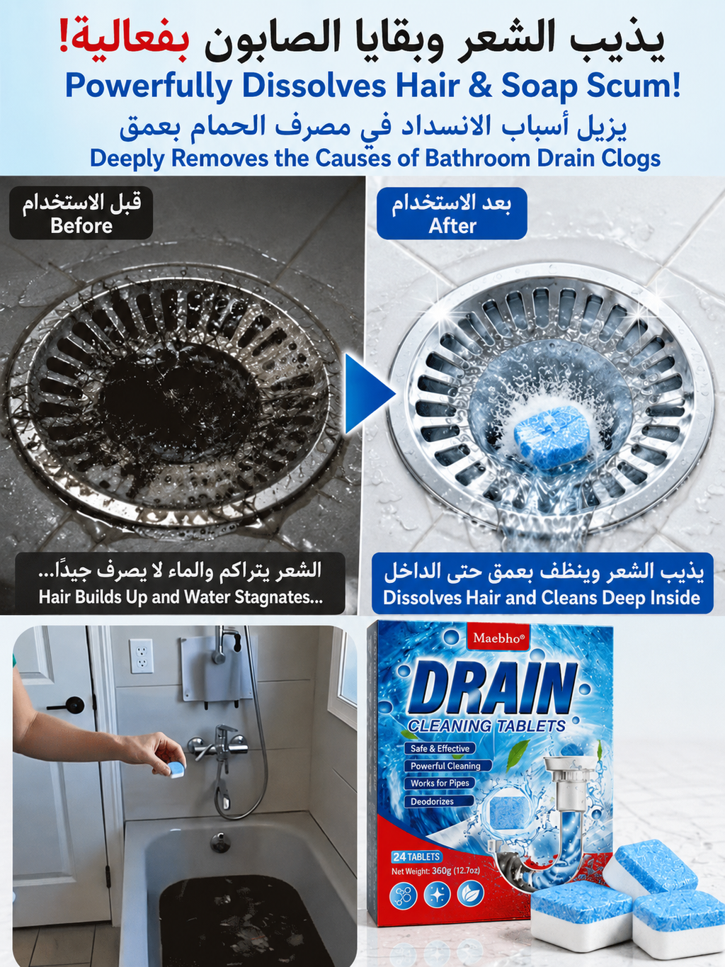 Powerful Drain Cleaning Tablets – Remove Clogs, Grease & Bad Odors Easily